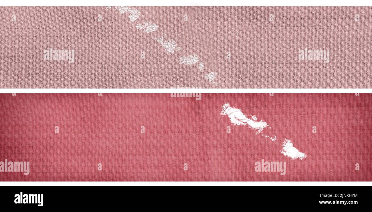 Set of wide ripped strips of fabric isolated on white background. Textile texture for design