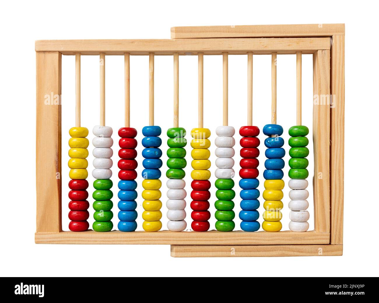 School abacus isolated on white. Colorful beads and wooden frame for kids to learn basic Maths, top view Stock Photo