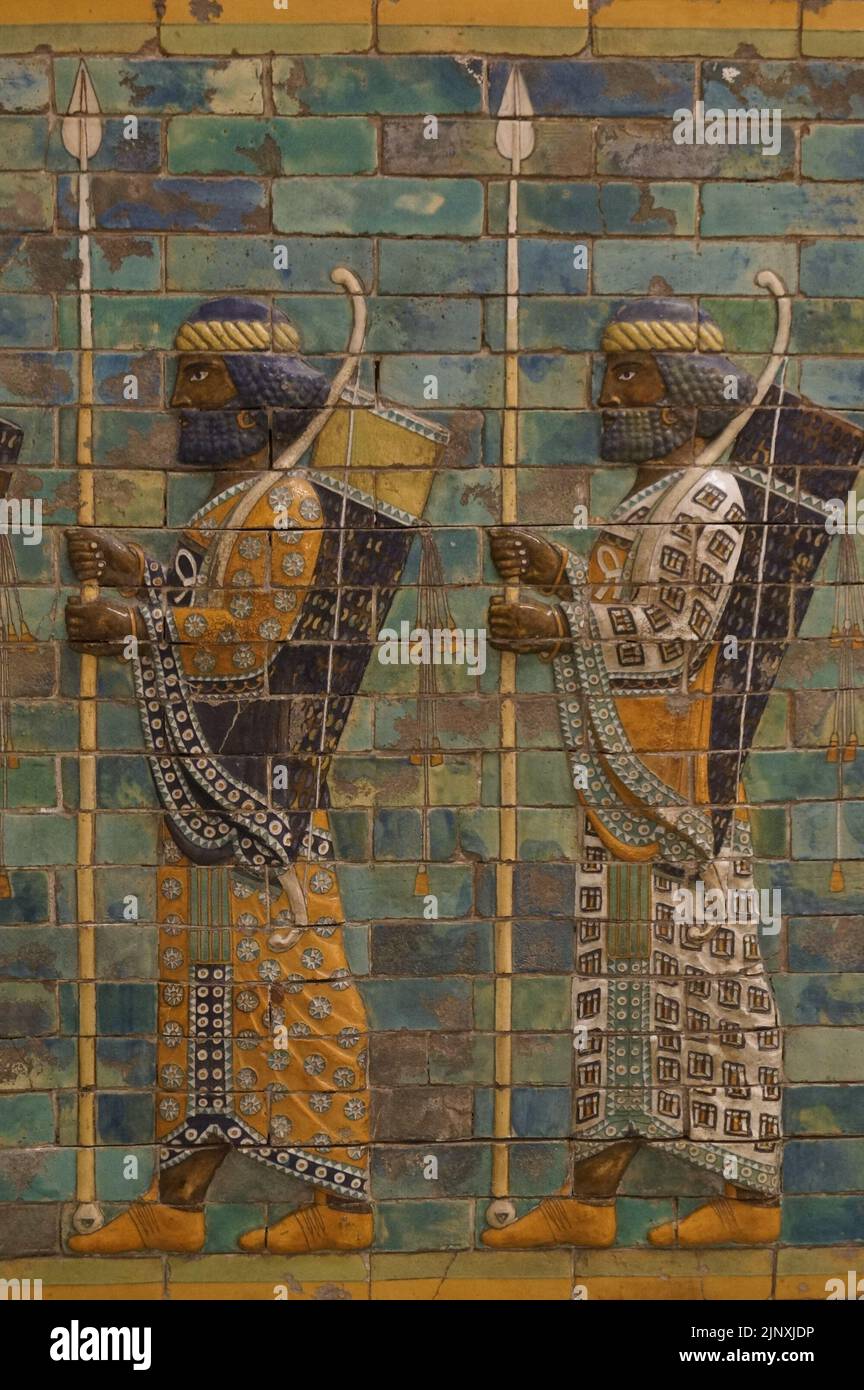Berlin, Germany: Pergamonmuseum, Ishtar Gate of Babylon, two warriors in the Processional Way Stock Photo
