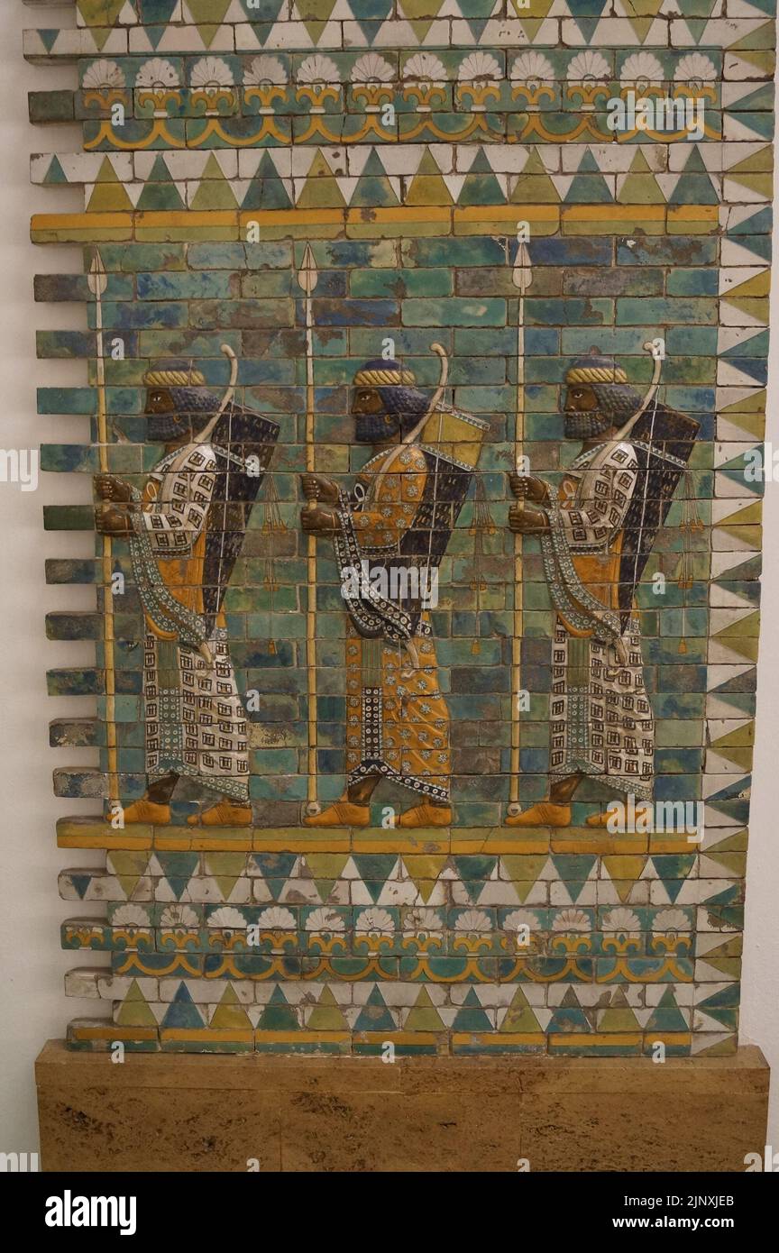 Berlin, Germany: Pergamonmuseum, Ishtar Gate of Babylon, three warriors in the Processional Way Stock Photo