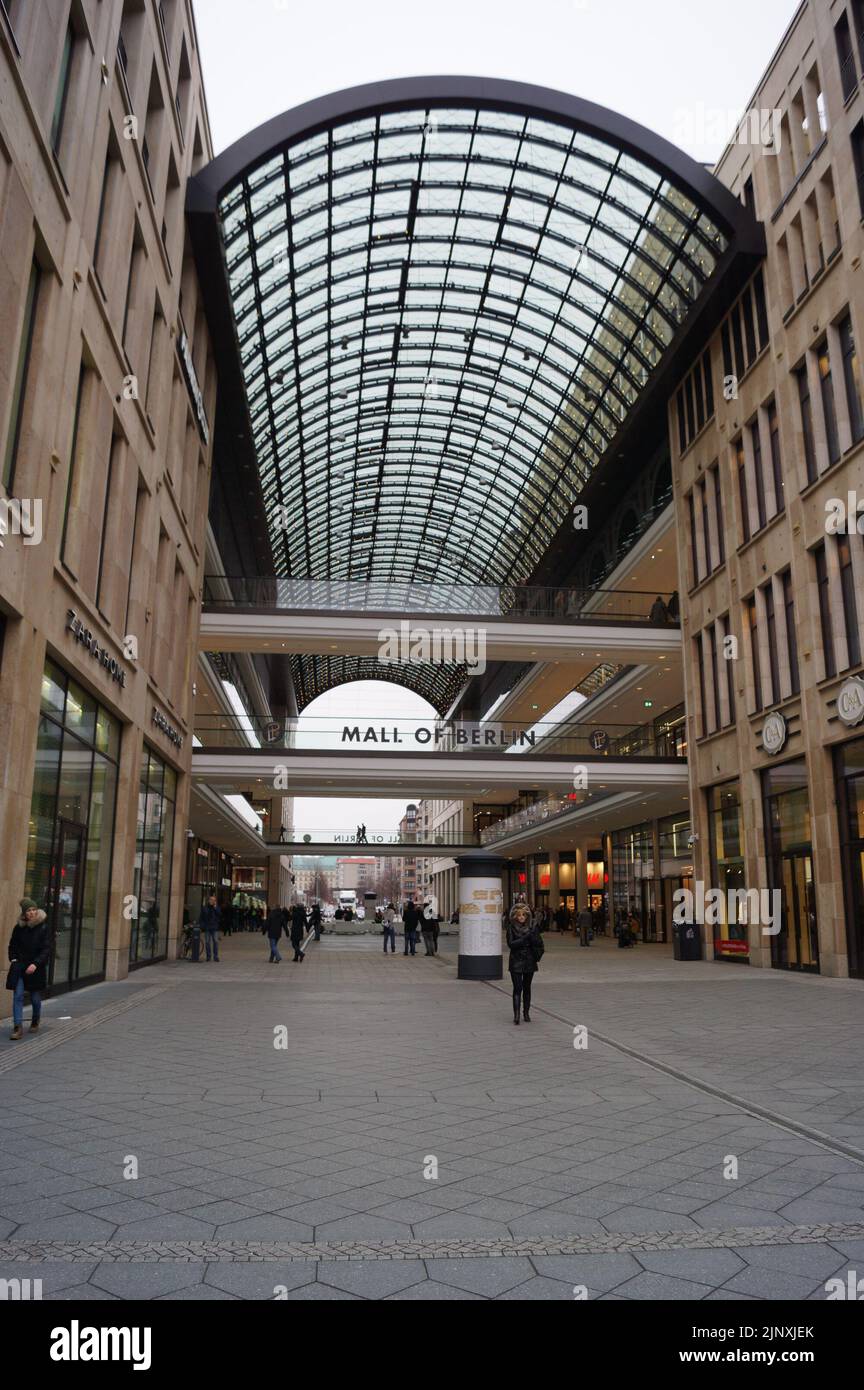 Berlin, Germany: the glass arcade of Mall of Berlin shopping centre ...