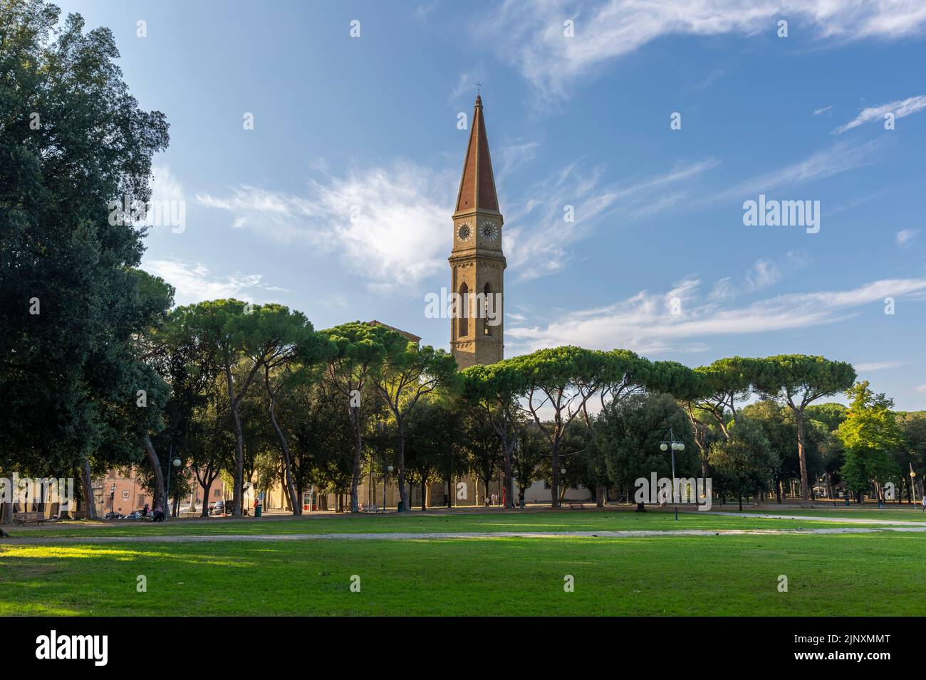 Prato Park of Arezzo and Cathedral of Arezzo in the background Stock Photo