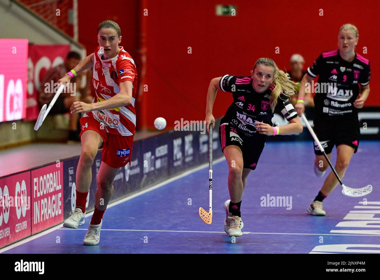 Prague, Czech Republic. 14th Aug, 2022. From left Klara Loneberg of Pixbo and Moa Gustafsson of Falun in action during the Czech Open, biggest international floorball tournament in Prague, Czech Republic, August 14, 2022. (CTK PHOTO/Roman Vondrous) Stock Photo
