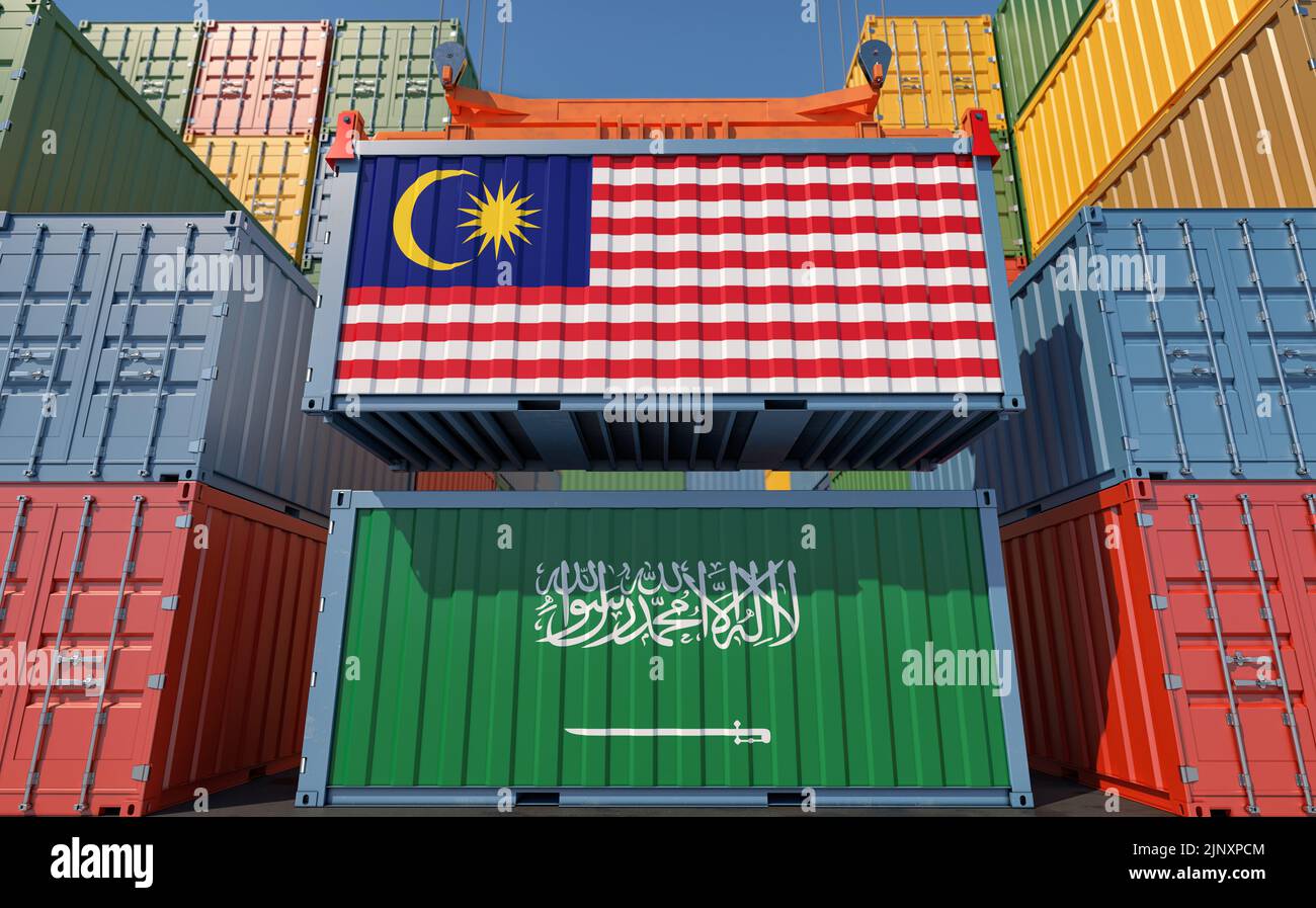 Cargo containers with Saudi Arabia and Malaysia national flags. 3D Rendering Stock Photo