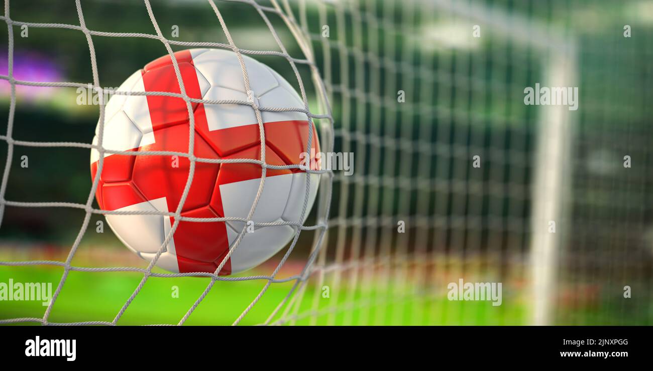 Football ball with flag of England in the net of goal of football stadium. Football championship of England concept. 3d illustration Stock Photo