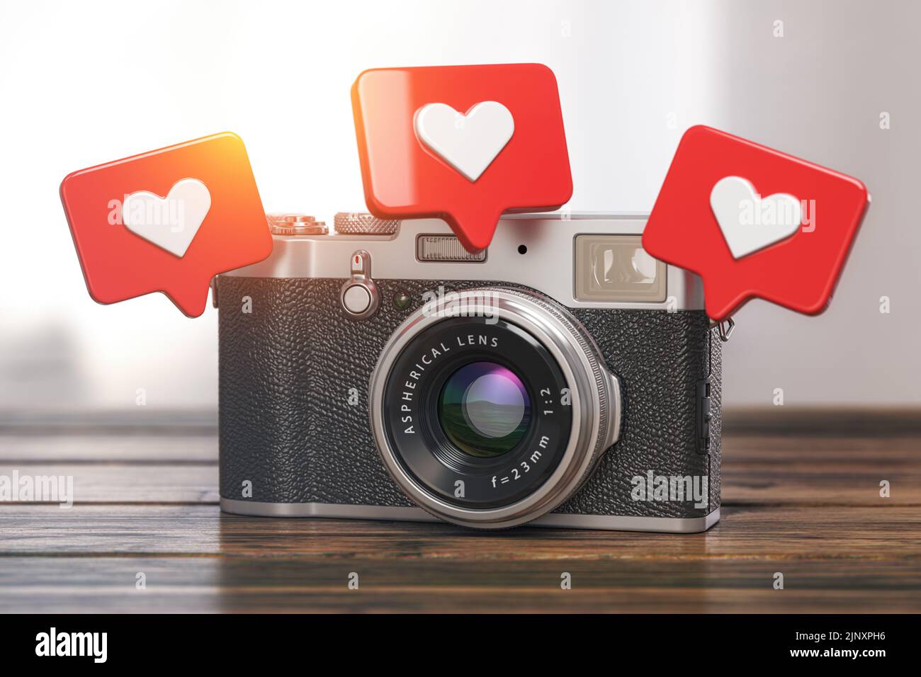 Vintage photo camera with likes symbols in social media. 3d illustration Stock Photo