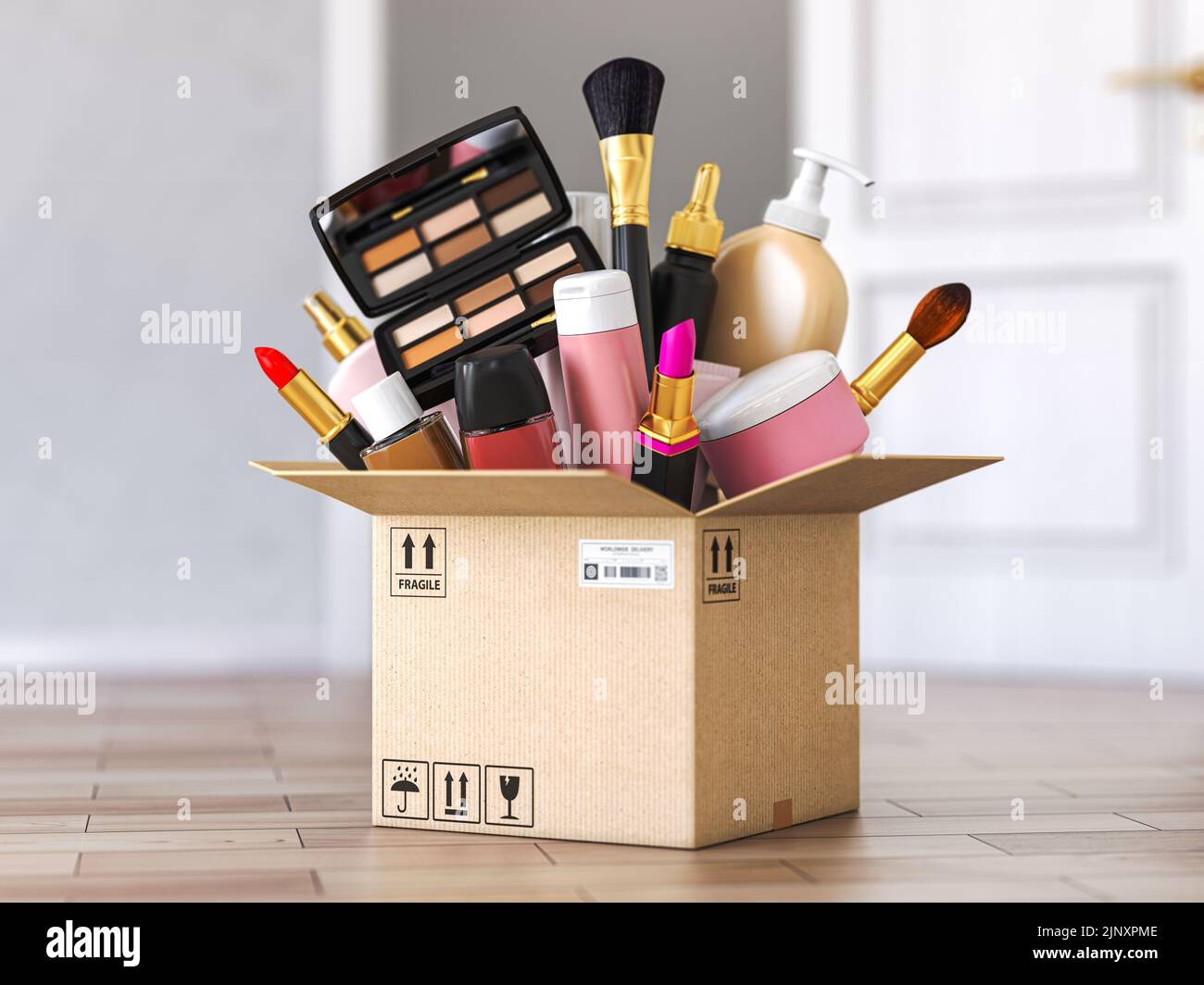 Cardboard box with cosmetics product in front od open door. Buying online and delivery cosmetics concept. 3d illustration Stock Photo