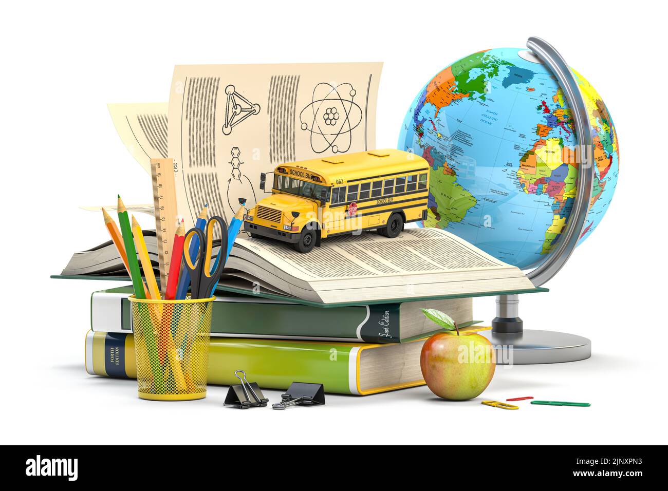 Back to school, education and learning concept. School  accessories, books and textbooks, school bus, pencils and globe isolated on white. 3d illustra Stock Photo