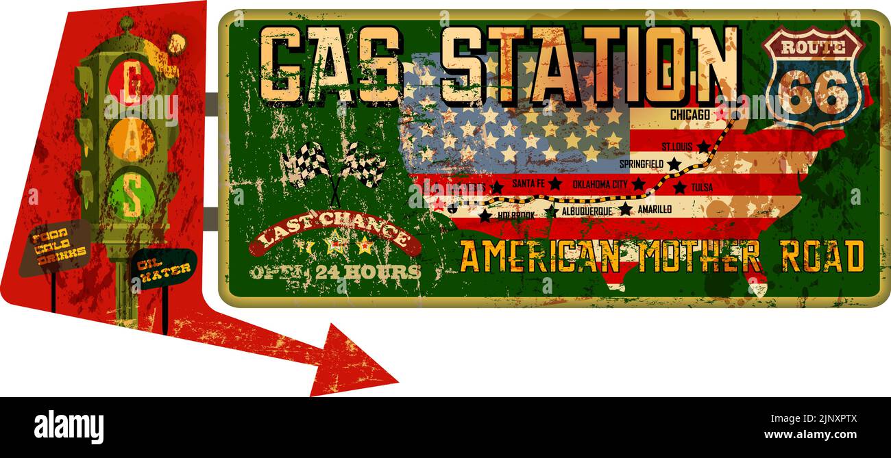 Vintage grungy american mother road,route 66 gas station sign, retro distressed and weathered vector illustration Stock Vector