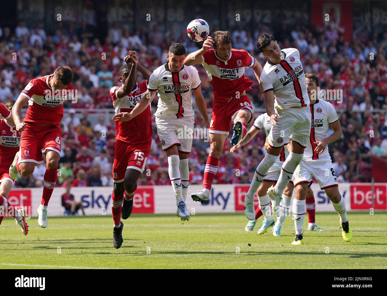 Middlesbrough goalkeeper Jonathan Howson wins a header during the Sky Bet Championship match at the Riverside Stadium, Middlesbrough. Picture date: Sunday August 14, 2022. Stock Photo
