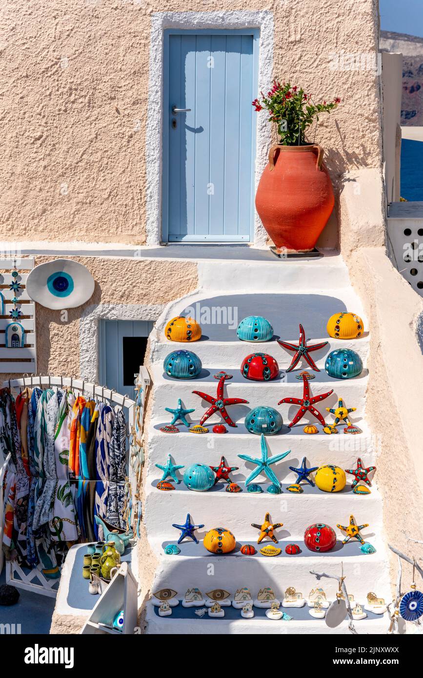 Colourful Souvenirs For Sale In The Town Of Oia, Santorini, Greek Islands, Greece. Stock Photo