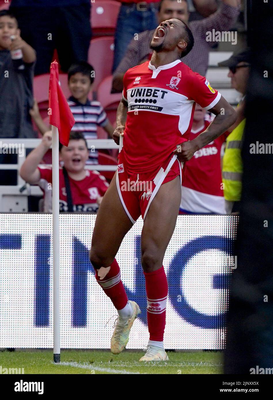 Middlesbrough's Chuba Akpom celebrates scoring his sides second goal during the Sky Bet Championship match at the Riverside Stadium, Middlesbrough. Picture date: Sunday August 14, 2022. Stock Photo