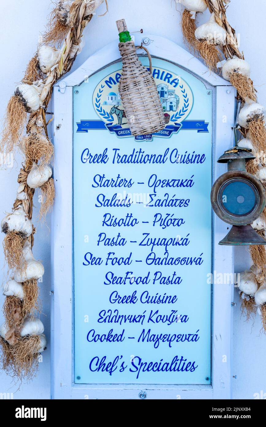 Typical Restaurant Menu, Santorini, Greek Islands, Greece Stock Photo ...