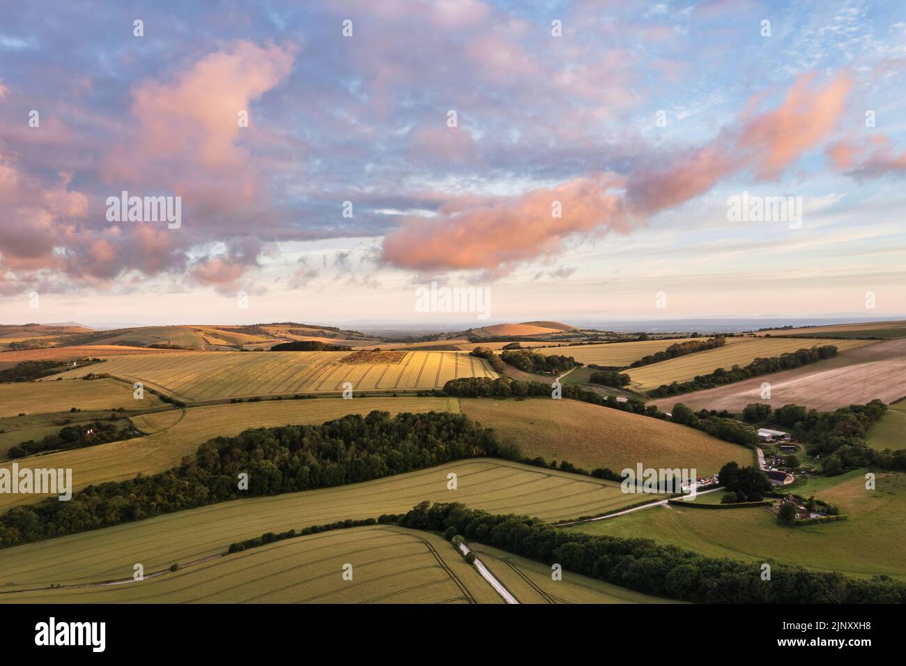 Beautiful aerial drone landscape image of South Downs NP at sunrise in Summer Stock Photo