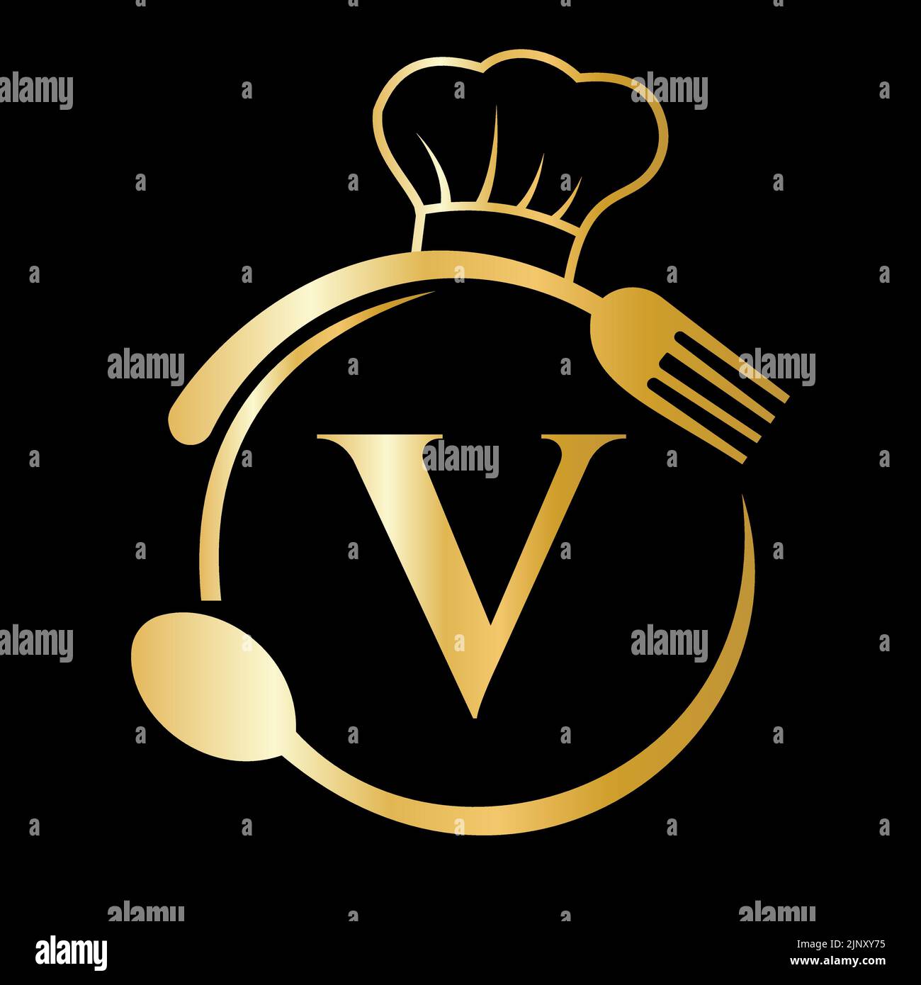 Restaurant Logo on Letter V Concept. Letter V Logo with Chef Hat, Spoon