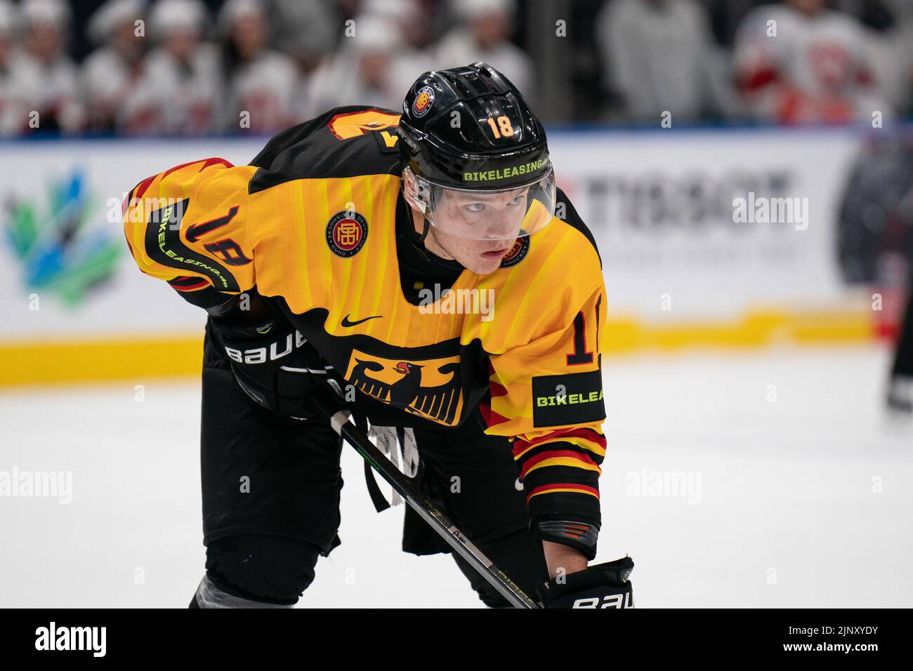 August 13, 2022, Edmonton, Alberta, Canada: JOSEF EHAM (18) of Germany waits for play to begin during the first period of a World Junior Championship game at Rogers Place in Edmonton, Alberta. (Credit Image: © Matthew Helfrich/ZUMA Press Wire) Stock Photo