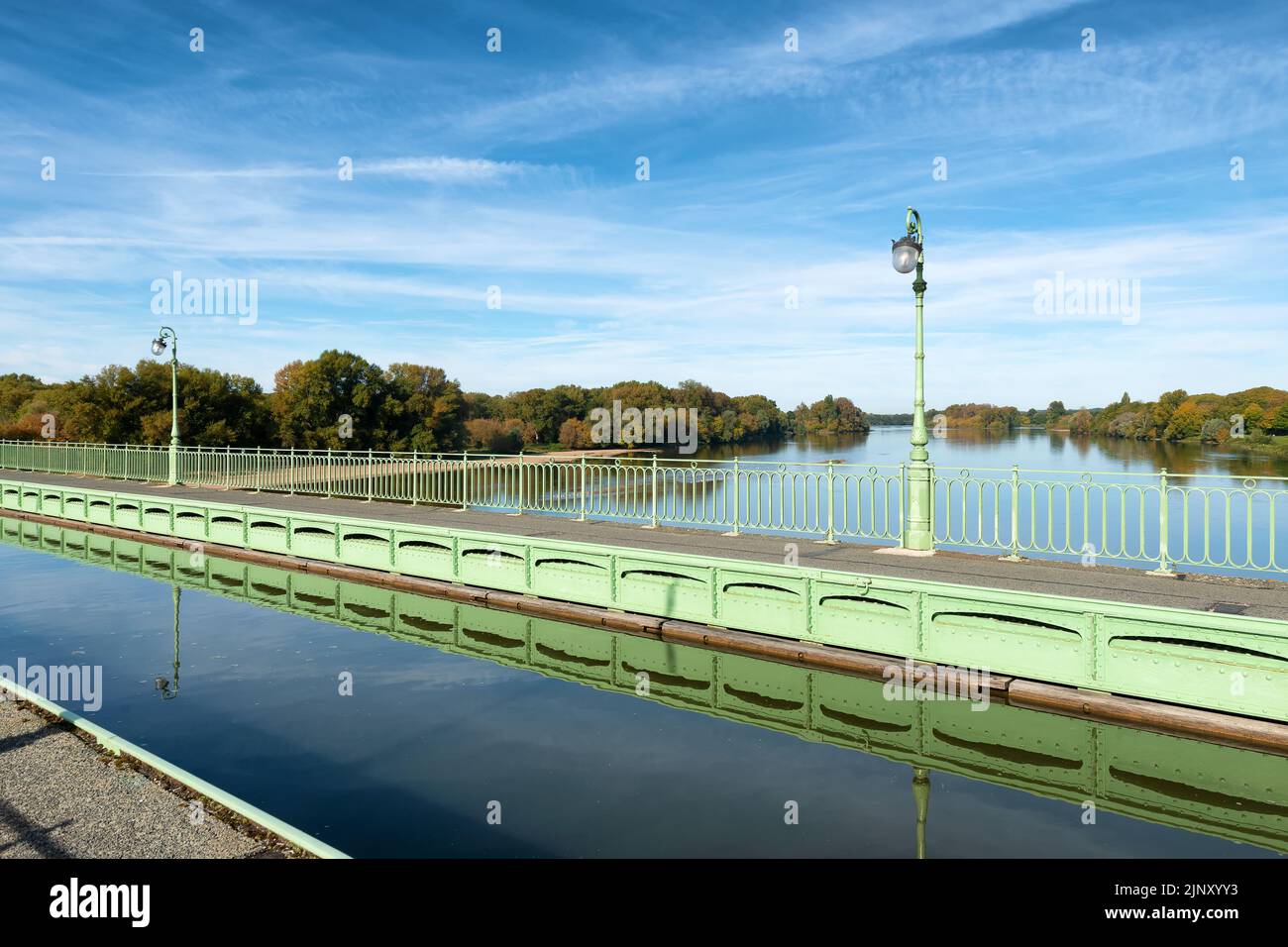 The Briare Aqueduct in central France carries a canal over the river Loire on its journey to the Seine. Stock Photo