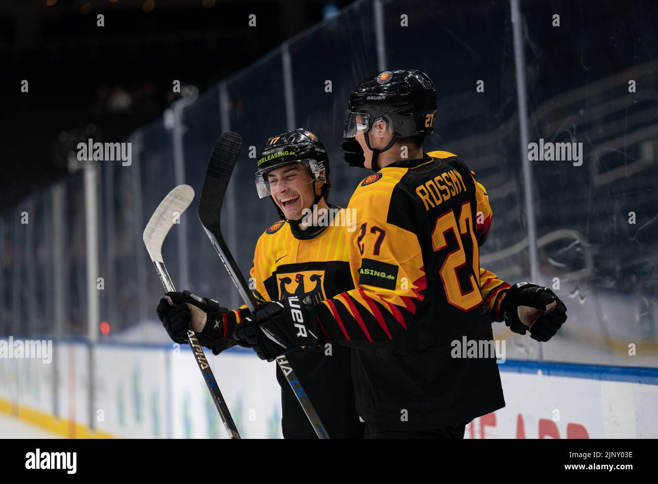 August 13, 2022, Edmonton, Alberta, Canada BENNET ROSSMY (27) and YANNICK PROSKE (17) of Germany celebrate a first period goal during a World Junior Championship game at Rogers Place in Edmonton, Alberta
