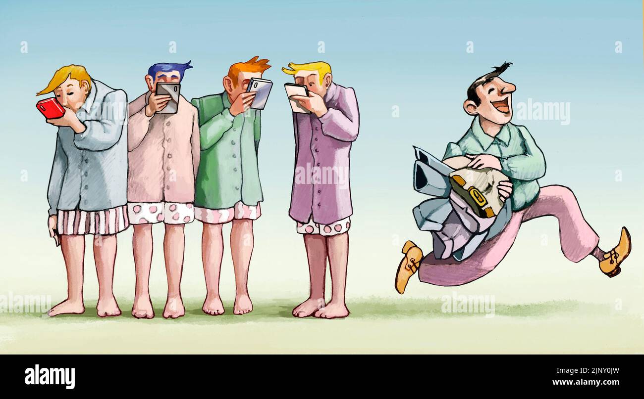 a group of men look at their mobile phones and do not notice another man taking everyone's pants off leaving them in their underwear, a concept of dat Stock Photo