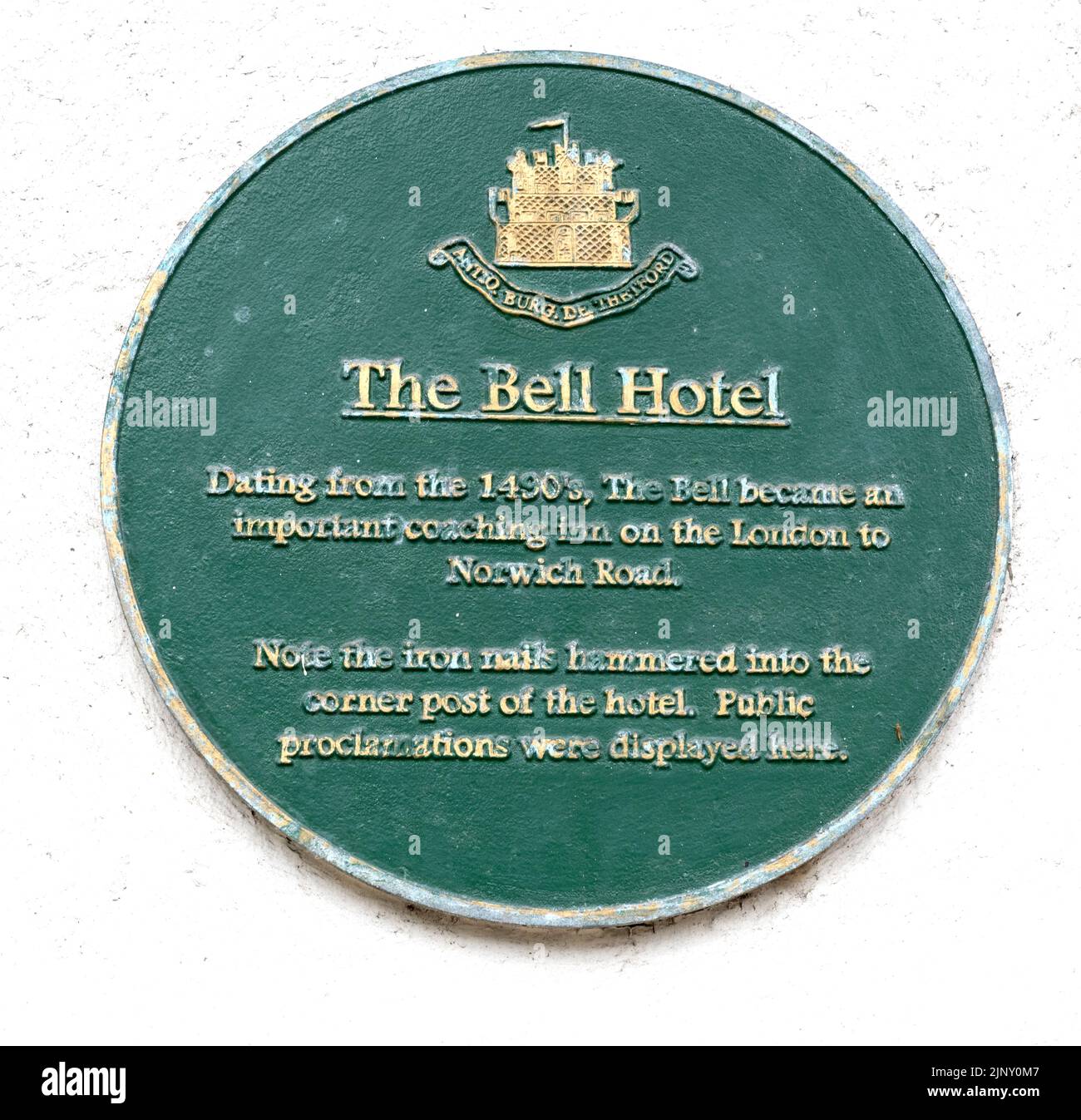 Green heritage plaque at The Bell public house/hotel - Greeneking pub -  King Street, Thetford, Norfolk, England, UK Stock Photo