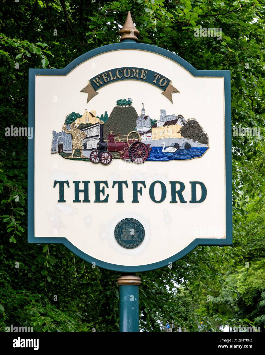 Village sign for Thetford, Norfolk, England, UK Stock Photo