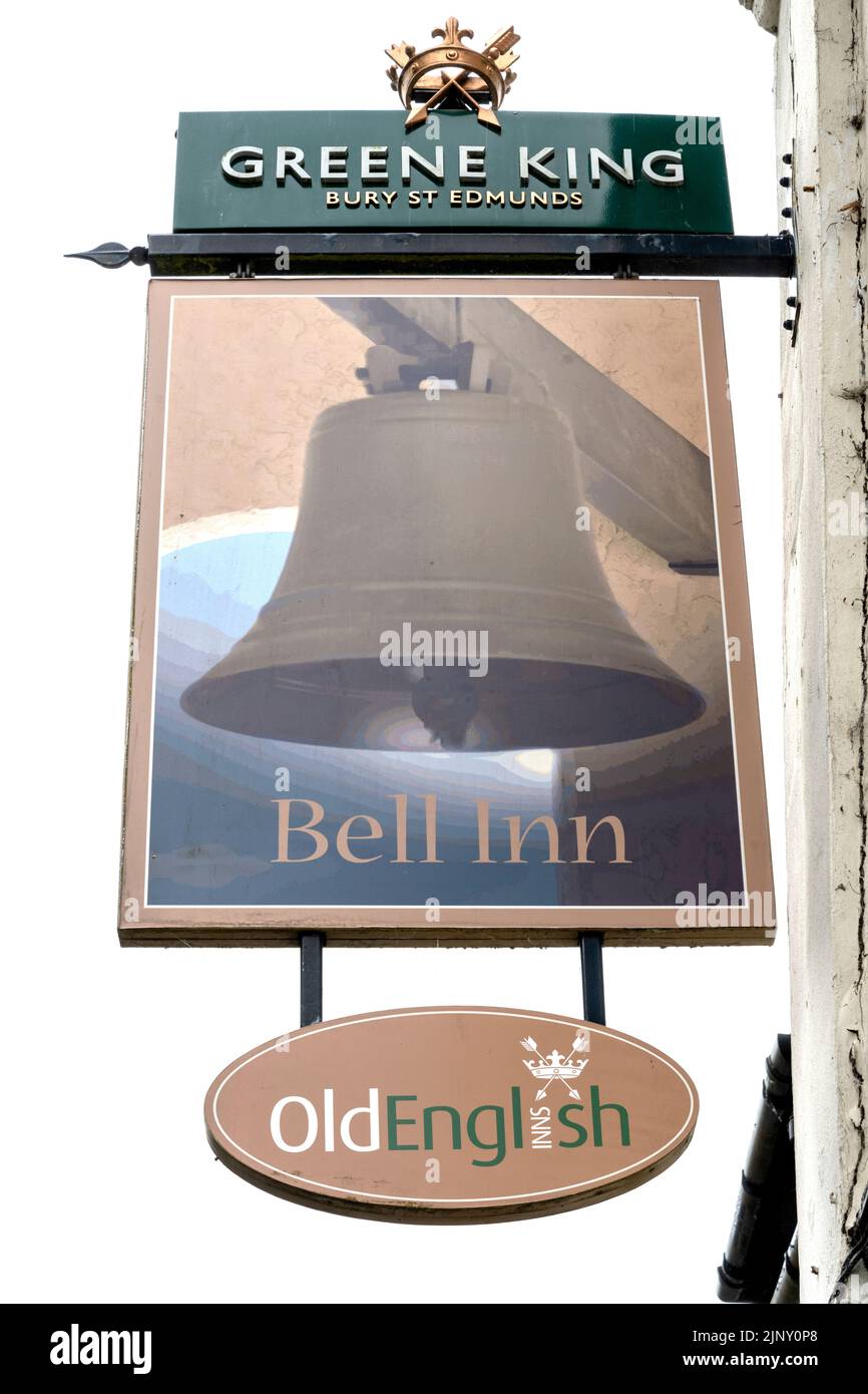 Traditional hanging pub sign at The Bell public house/hotel - Greeneking pub -  King Street, Thetford, Norfolk, England, UK Stock Photo