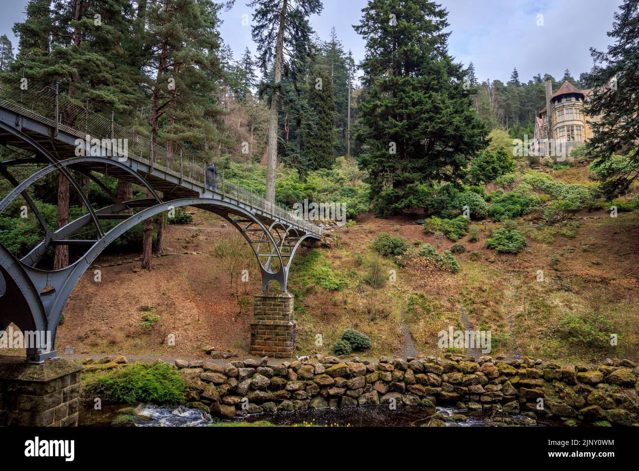 The iron bridge over Debden Burn to the house at Cragside, Northumberland, England Stock Photo