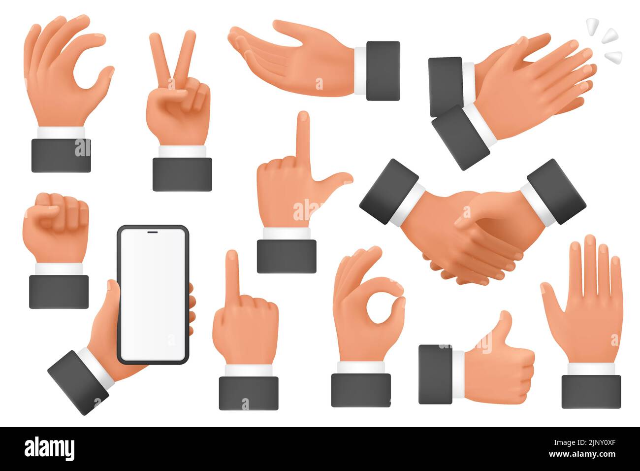 3d hands of businessman with different gestures set vector illustration. Arm pointing direction with finger, holding phone and fist, showing okay and victory sign, collection isolated on white Stock Vector
