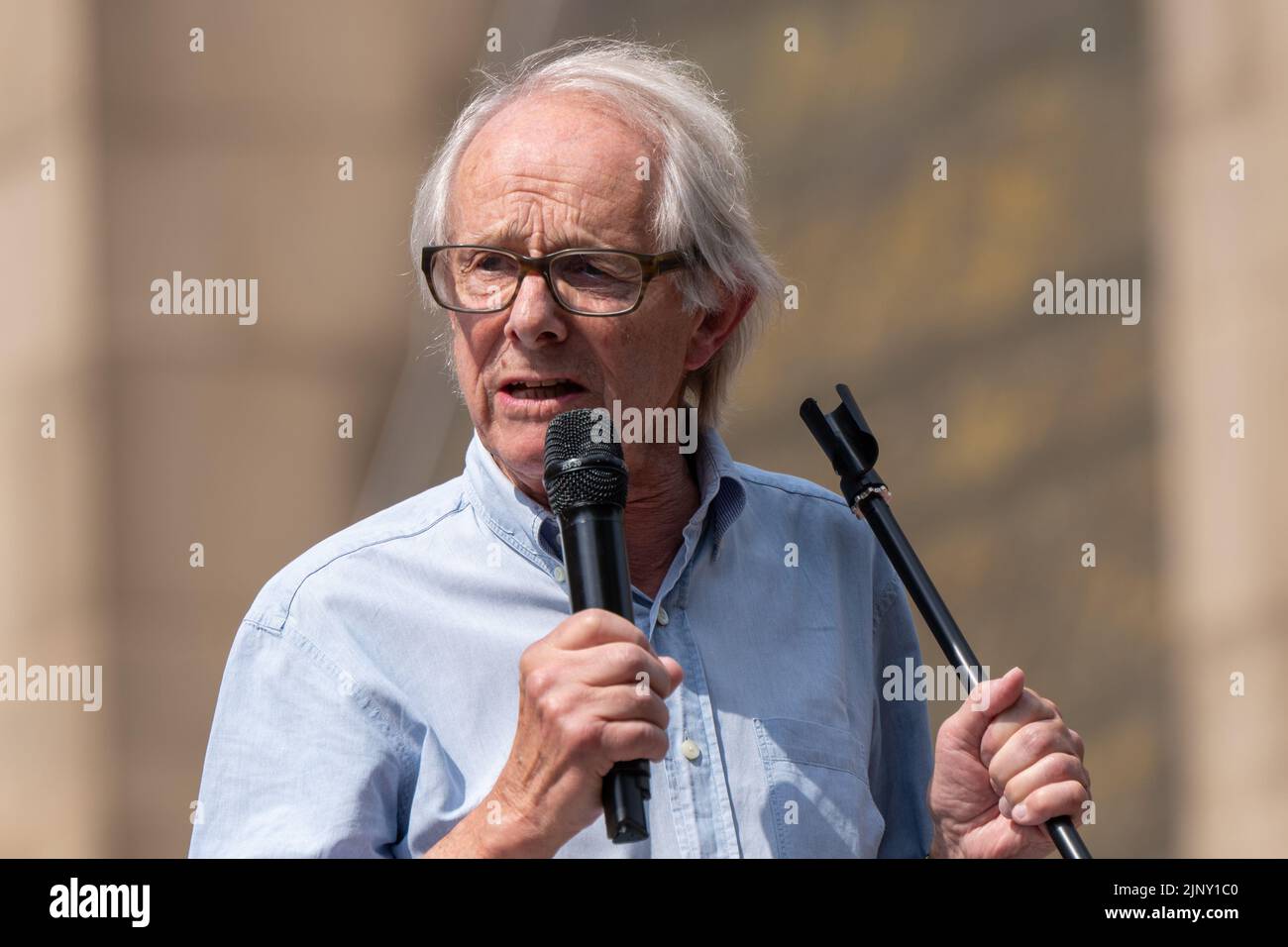 Director Ken Loach addresses rally on  14th Aug 2022 at Peterloo memorial March.  Marchers Assembled at Piccadilly Gardens to go to St Peter's Square. The Peterloo Massacre took place on 16 August 1819. The People's Assembly in Manchester is supporting the Peterloo march. Credit: GaryRobertsphotography/Alamy Live News Stock Photo