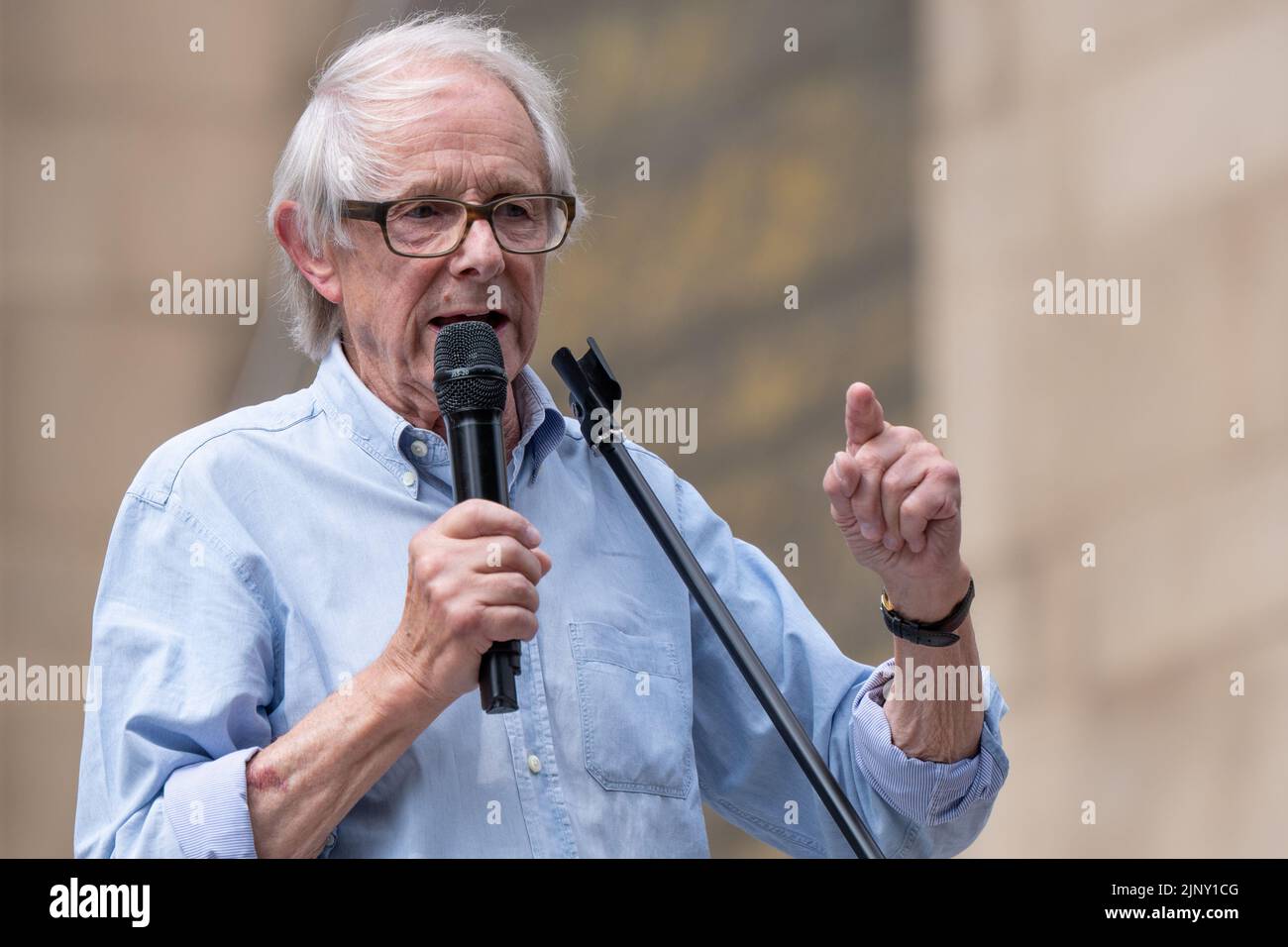 Director Ken Loach addresses rally on  14th Aug 2022 at Peterloo memorial March.  Marchers Assembled at Piccadilly Gardens to go to St Peter's Square. The Peterloo Massacre took place on 16 August 1819. The People's Assembly in Manchester is supporting the Peterloo march. Credit: GaryRobertsphotography/Alamy Live News Stock Photo