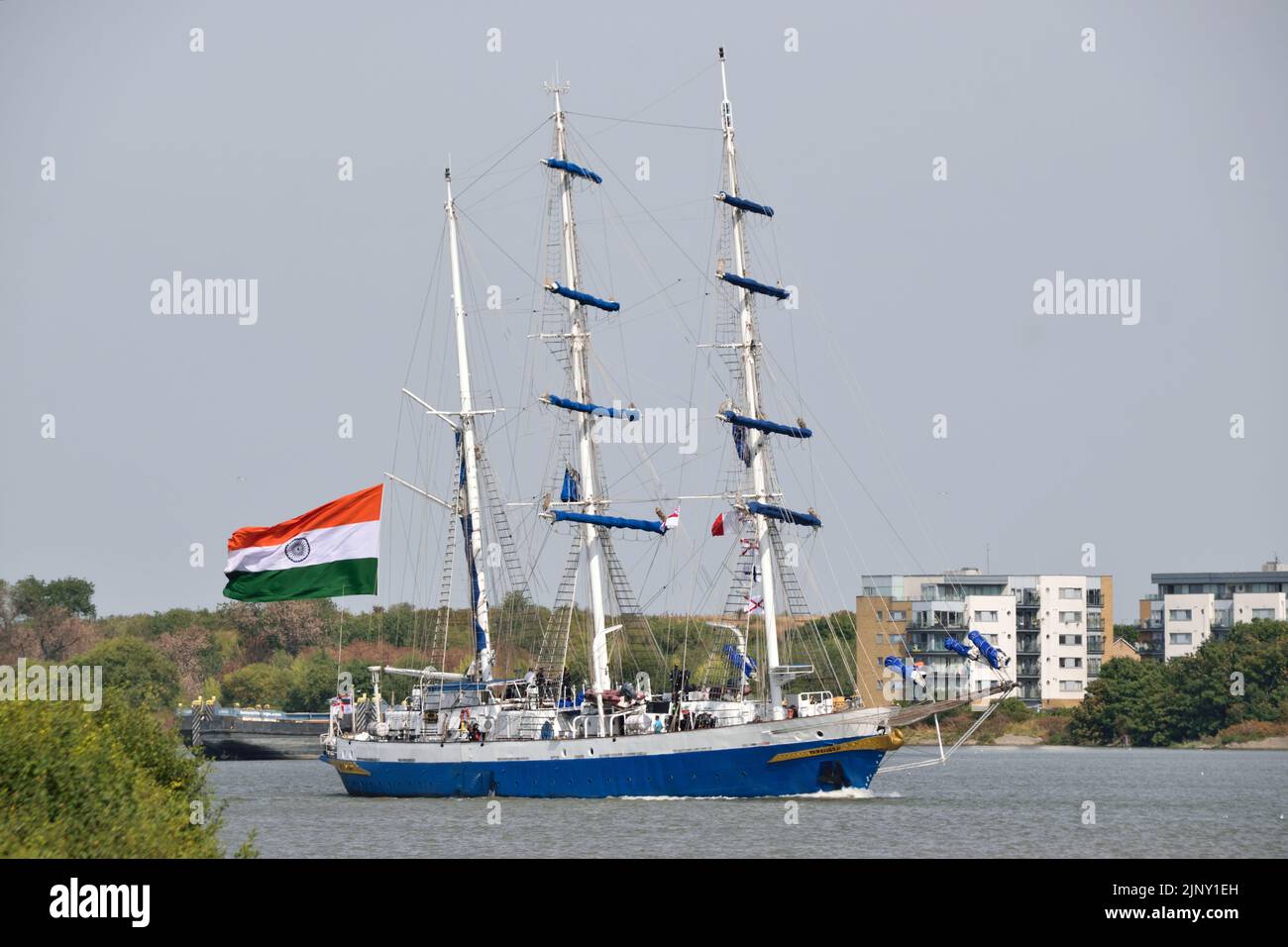 Arriving on the Thames  NS TARANGINI A75, the Indian Navy's sail training ship, staying at West India Doc and visiting London as part of #IndiaAt75 / #AzadiKaAmritMahotsav events. Stock Photo