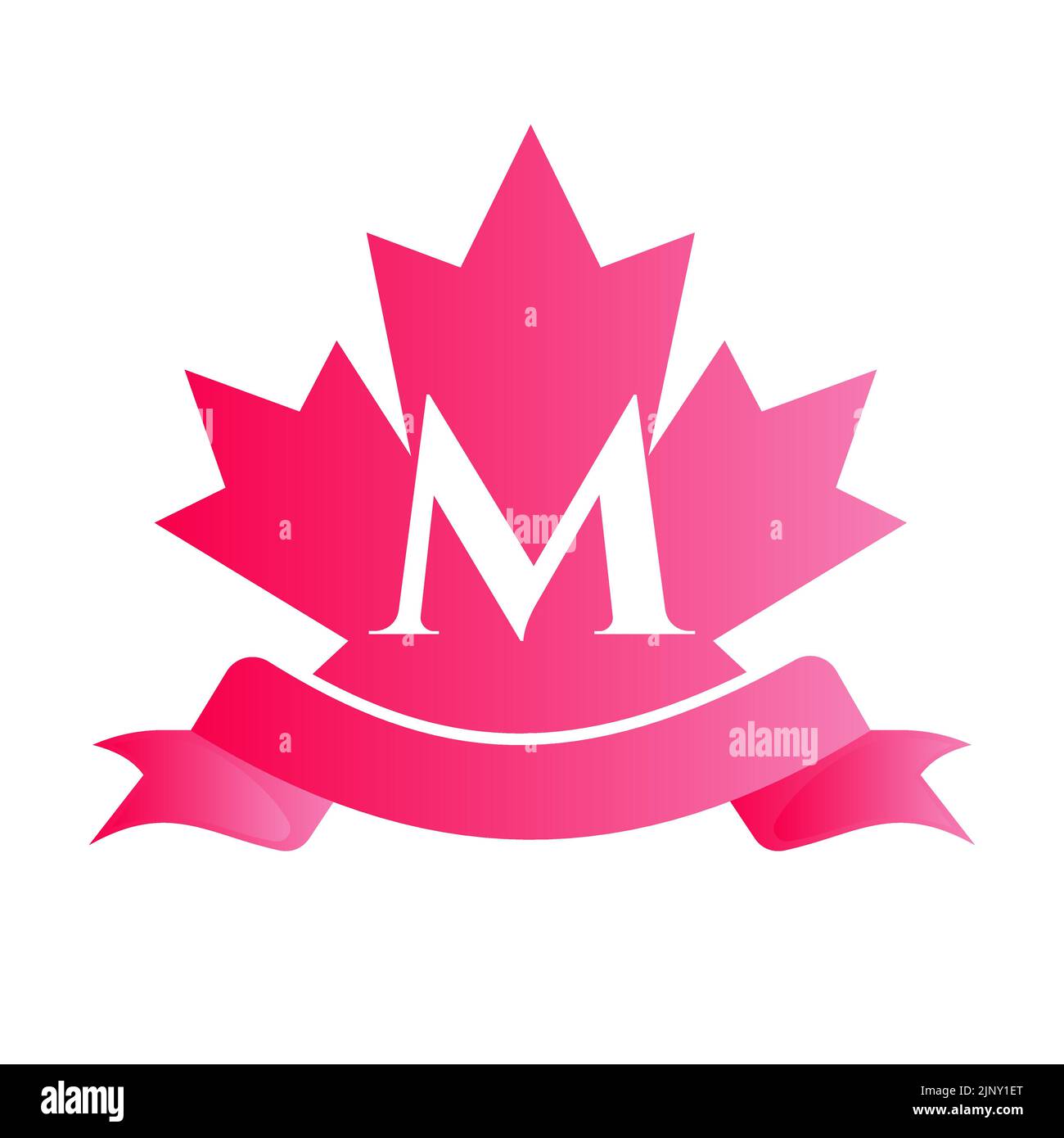 Canadian Red Maple On Letter M Seal and Ribbon. Luxury Heraldic Crest Logo Element Vintage Laurel Vector Stock Vector