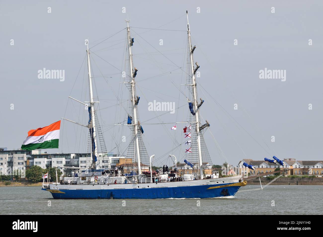 Arriving on the Thames  NS TARANGINI A75, the Indian Navy's sail training ship, staying at West India Doc and visiting London as part of #IndiaAt75 / #AzadiKaAmritMahotsav events. Stock Photo