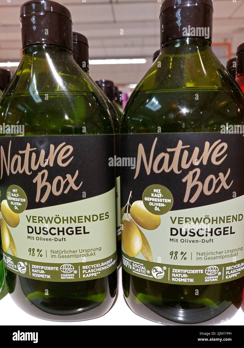Nature Box shower gel bottles in a supermarket Stock Photo Alamy