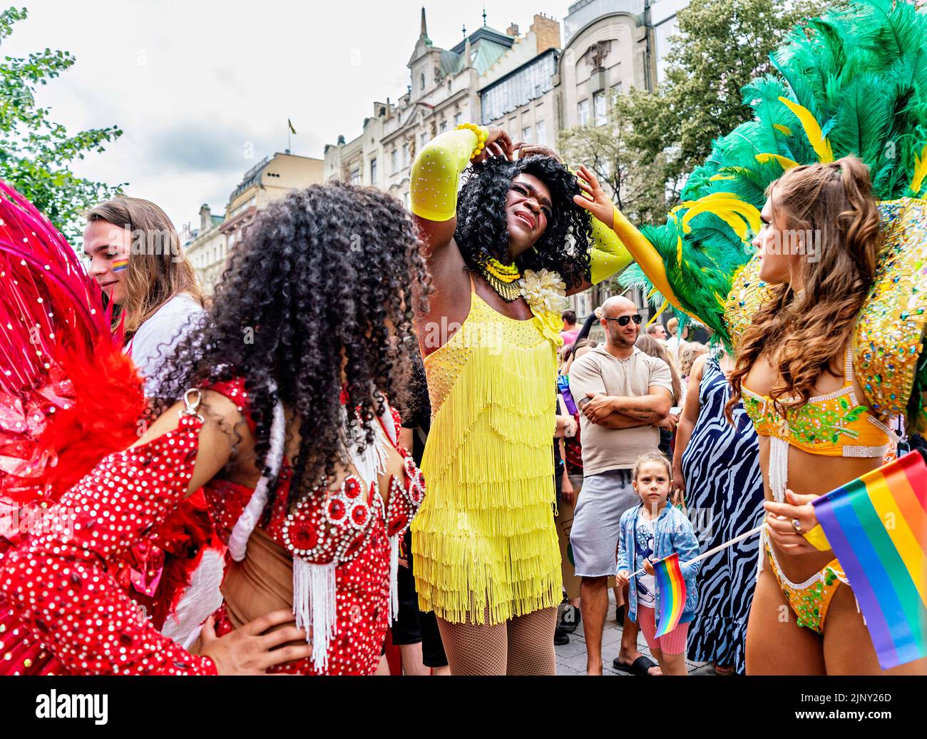Participants join the rainbow parade during the Prague Pride 2022 festival of LGBT+ minorities that culminated in Prague, Czech Republic, on Saturday, Stock Photo