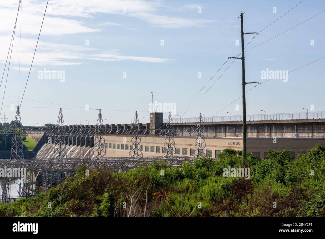 John H Kerr dam near Boydton Mecklenburg County, in Virginia US. Hydro electric power station but not generating so a quiet peaceful shot. Stock Photo