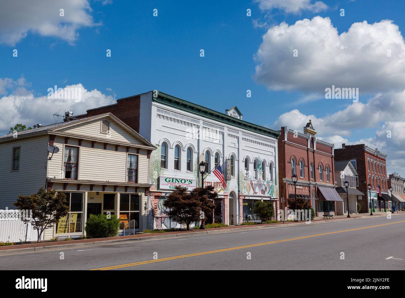 Small town of Clarksville in Virginia state. Mixed row of businesses