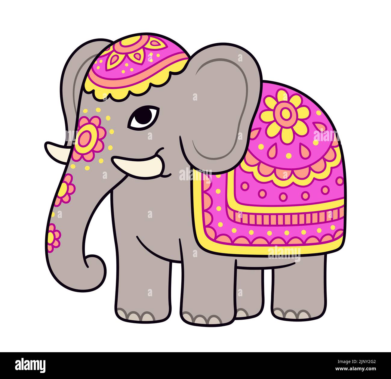 Cute cartoon decorated elephant drawing. Indian elephant with painted flowers and colorful cover. Vector clip art illustration. Stock Vector