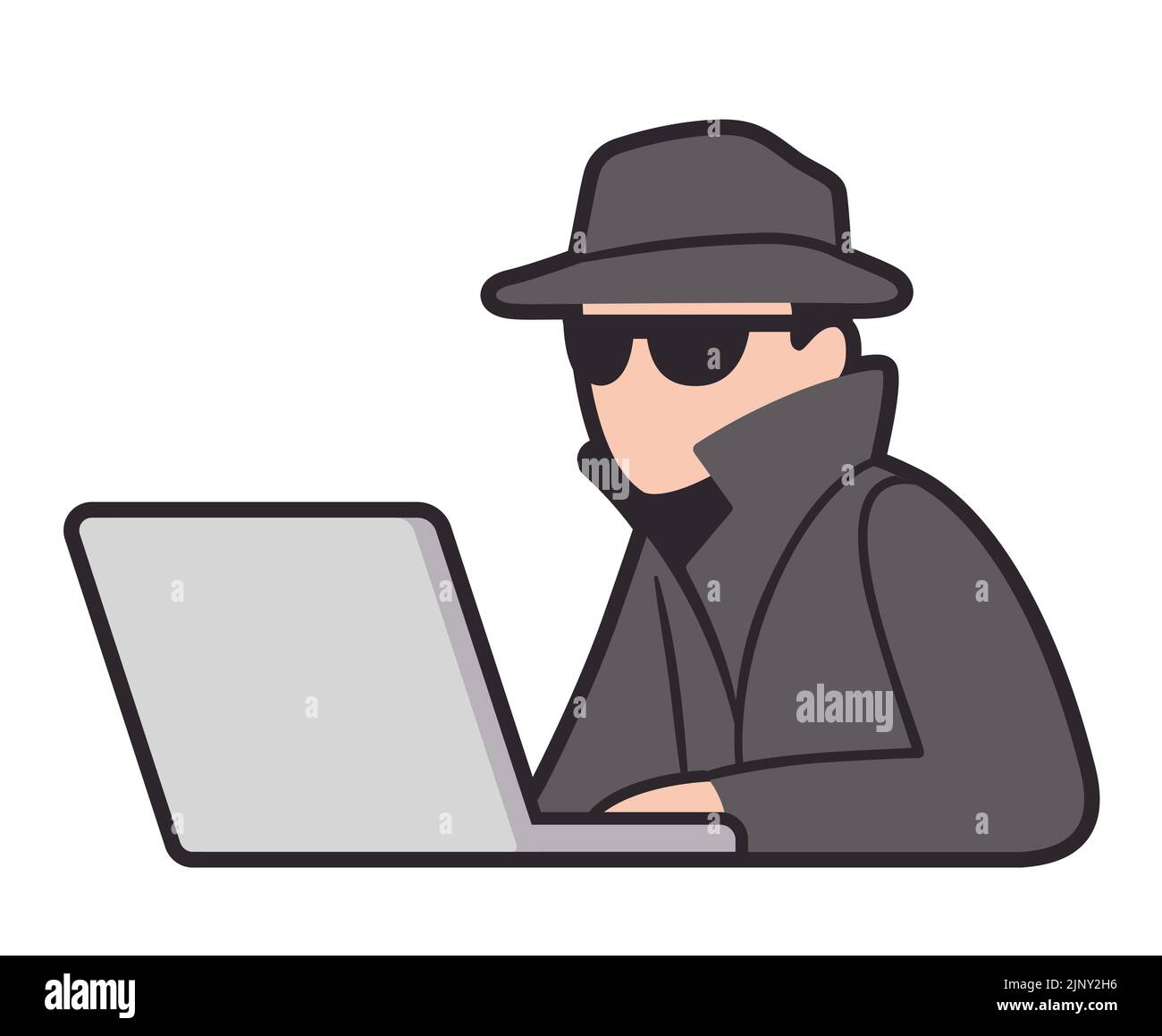 Spy agent with laptop getting access to confidential information. Surveillance and privacy vector illustration. Stock Vector