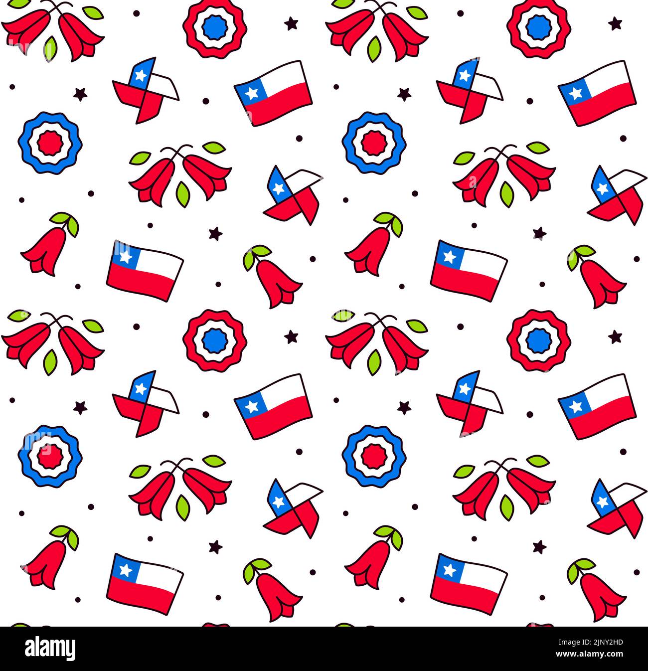 Chile icons seamless pattern. Traditional Chilean national symbols for Fiestas Patrias (Dieciocho) Independence Day of Chile. Cute and simple cartoon Stock Vector