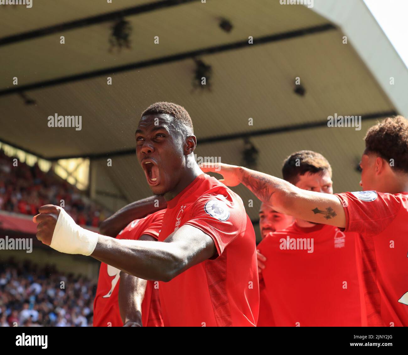 Nottingham, UK. 14th August 2022;  The City Ground, Nottingham, Nottinghamshire, England; Premier League football, Nottingham Forest versus West Ham : Nottingham Forest's Moussa Niakhate celebrates after his side score to lead 1-0 in the 47th minute Credit: Action Plus Sports Images/Alamy Live News Stock Photo