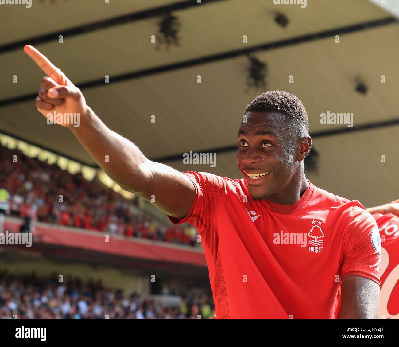 Nottingham, UK. 14th August 2022;  The City Ground, Nottingham, Nottinghamshire, England; Premier League football, Nottingham Forest versus West Ham : Nottingham Forest's Moussa Niakhate wags his finger at the fans after his side score to lead 1-0 in the 47th minute Credit: Action Plus Sports Images/Alamy Live News Stock Photo