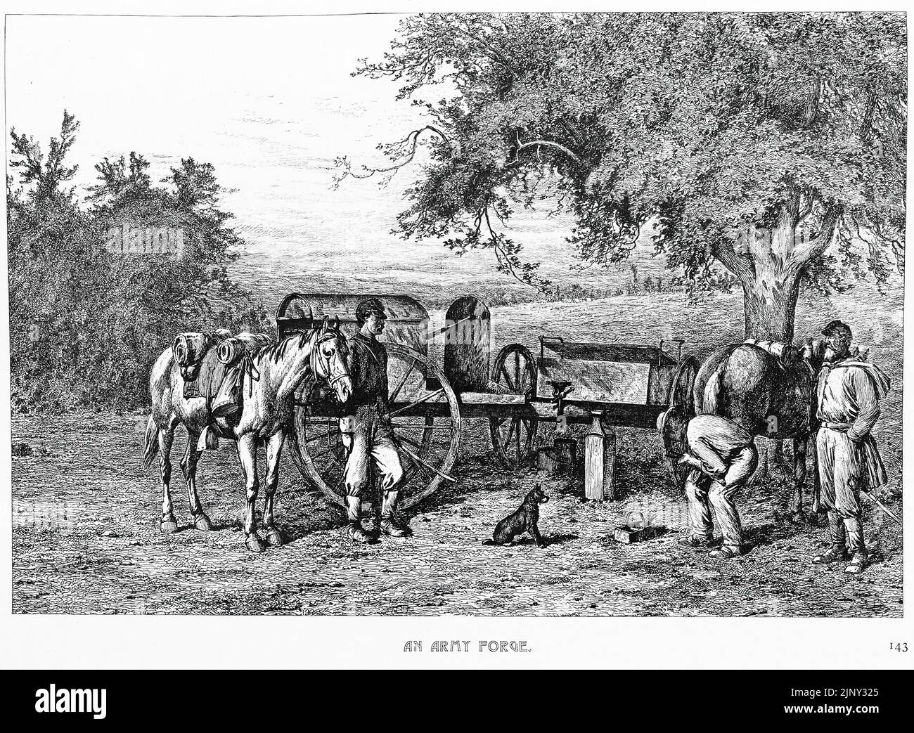 An Army Forge. Union Army blacksmithing. 19th century American Civil War illustration by Edwin Forbes Stock Photo