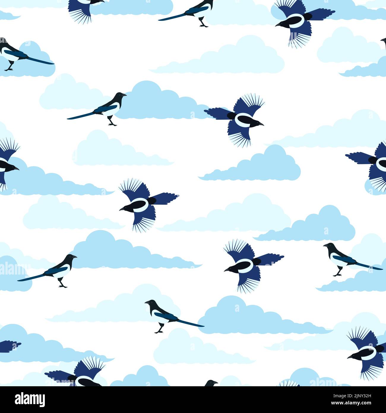 Cartoon pattern Chinese magpie in sky with clouds. The national bird of Korea is the magpie. Black and white long-tailed bird illustration. Wings and Stock Vector