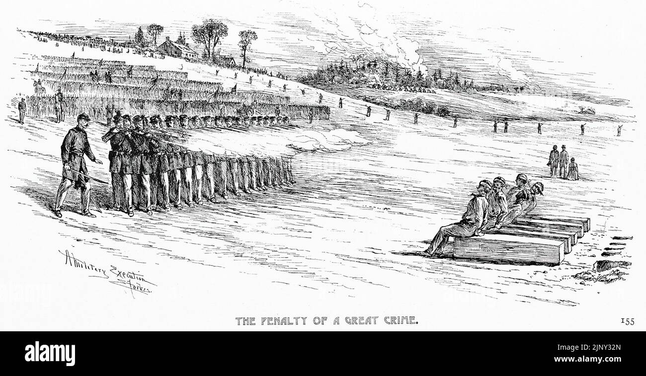 The Penalty of a Great Crime - A Military Execution. Execution of Union Army deserters, sitting on coffins in front of dug graves. 19th century American Civil War illustration by Edwin Forbes Stock Photo