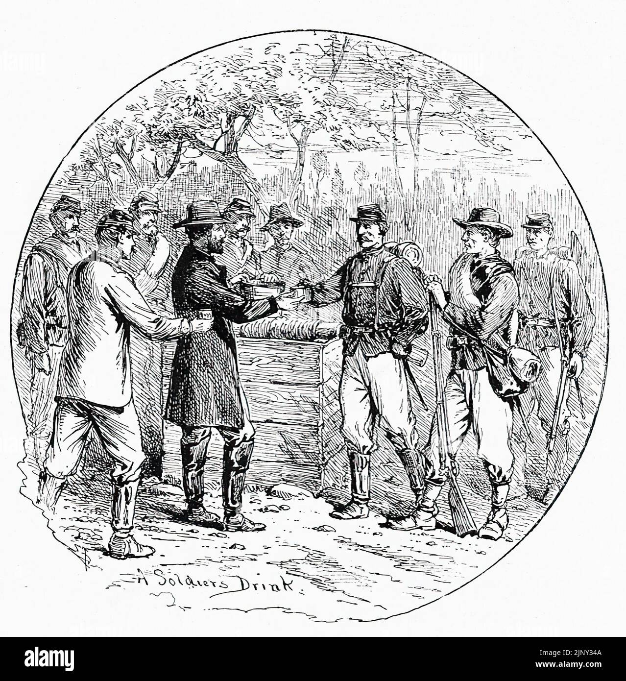 A Soldiers Drink. Union Army soldier drink from a roadside farmhouse well. 19th century American Civil War illustration by Edwin Forbes Stock Photo