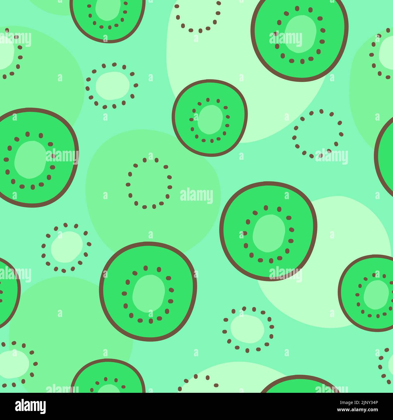 Seamless pattern of kiwi cut into pieces on a green background. Cartoon flat kiwi and sliced seamless pattern. Organic fruit background. Stock Vector