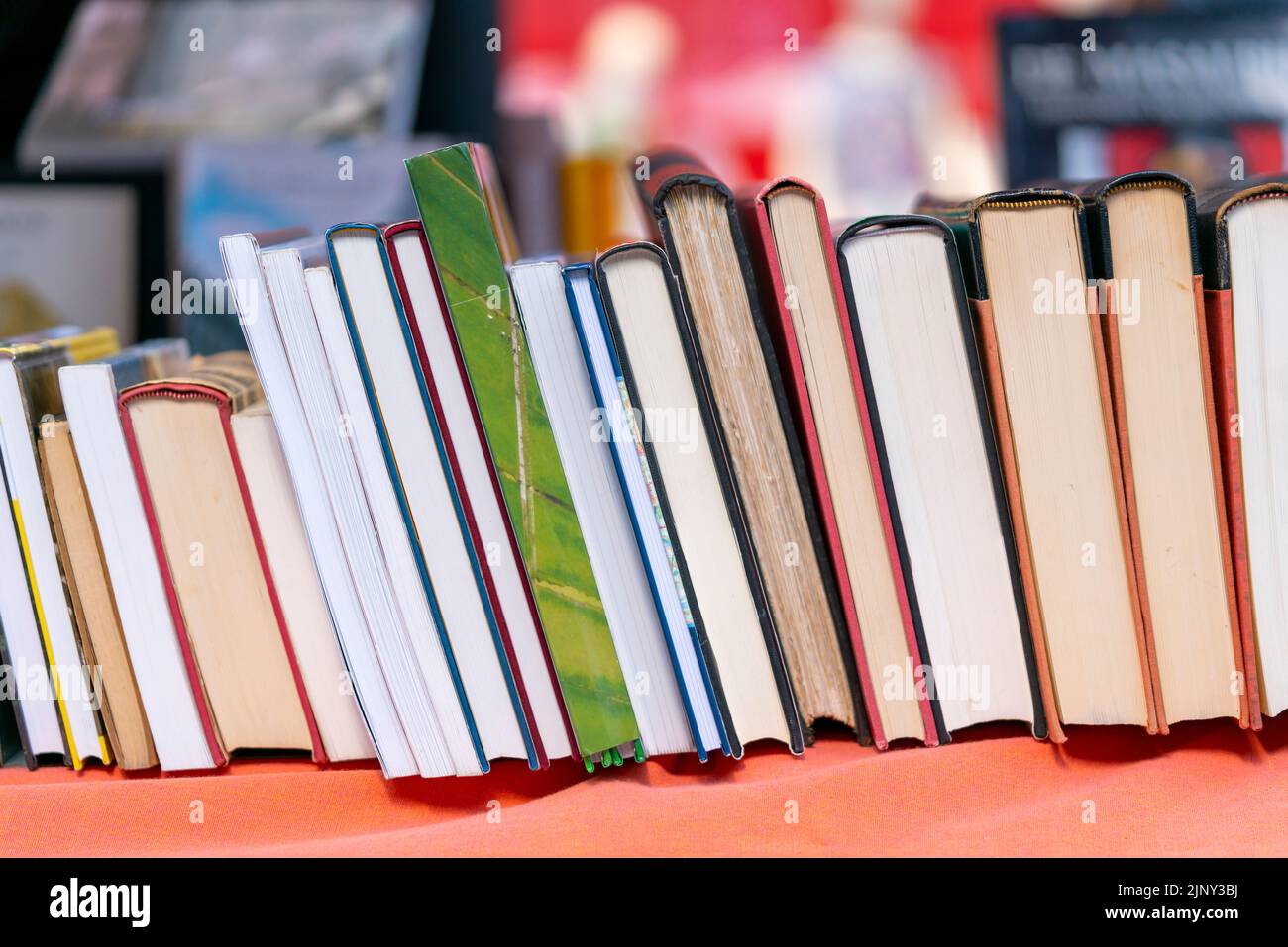 Second-hand hardback books in a row are being sold at a book market in Dordrecht in the Netherlands. Hollands second-hand literature event is held ann Stock Photo