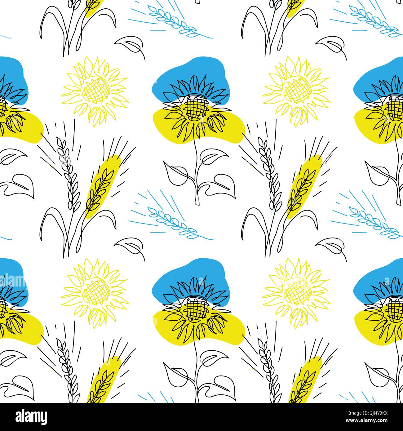 Sunflowers and wheat spikelet vector pattern on white background. One continuous line art drawing. Blue and yellow colors of Ukrainian flag Stock Vector