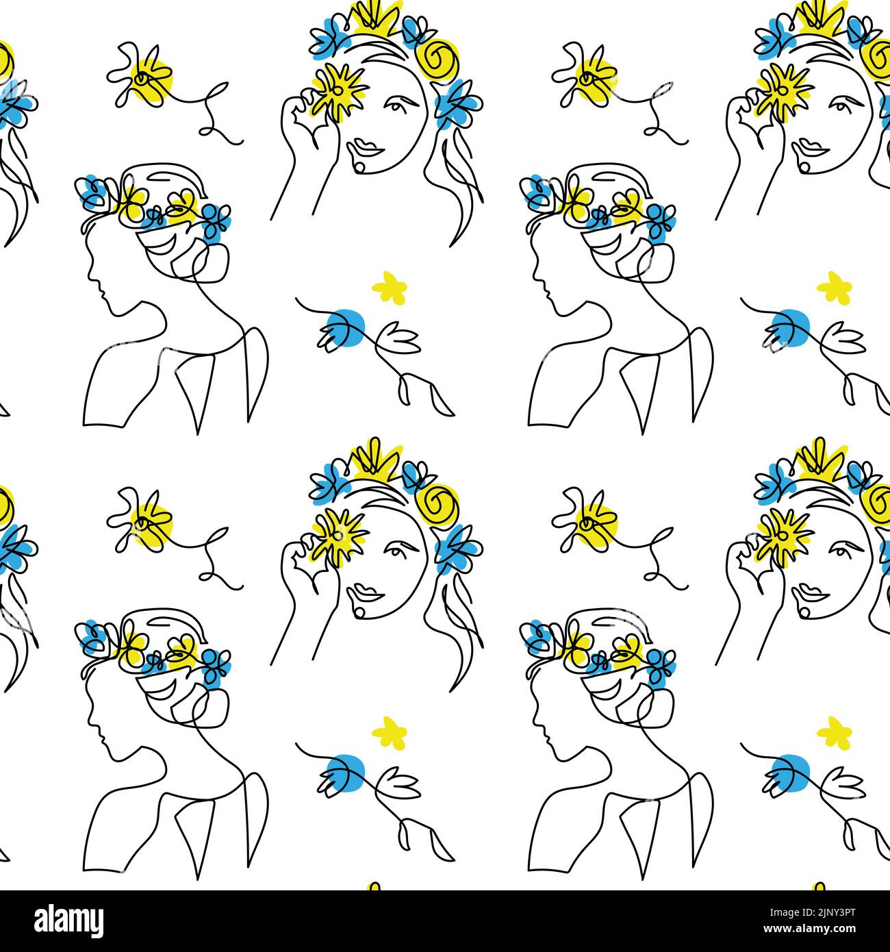 Head in flowers vector pattern. One continuous line art drawing. Blue and yellow flowers in head.Ukrainian flag. Woman face Stock Vector